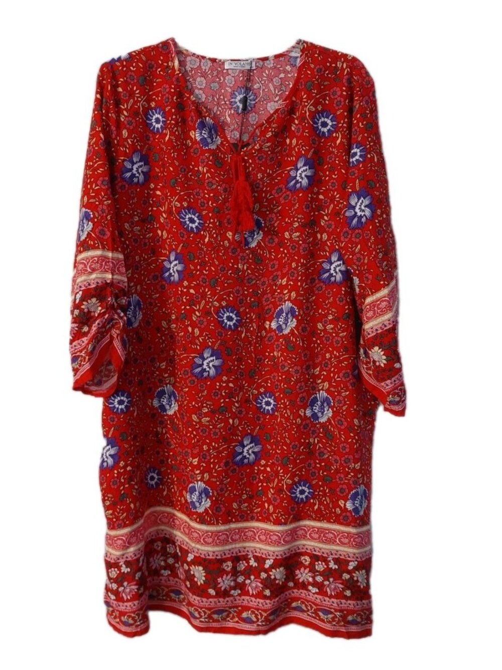 Involand Dress Size 20W Red Blue Floral Boho Shift Sundress With Tassels NWT
